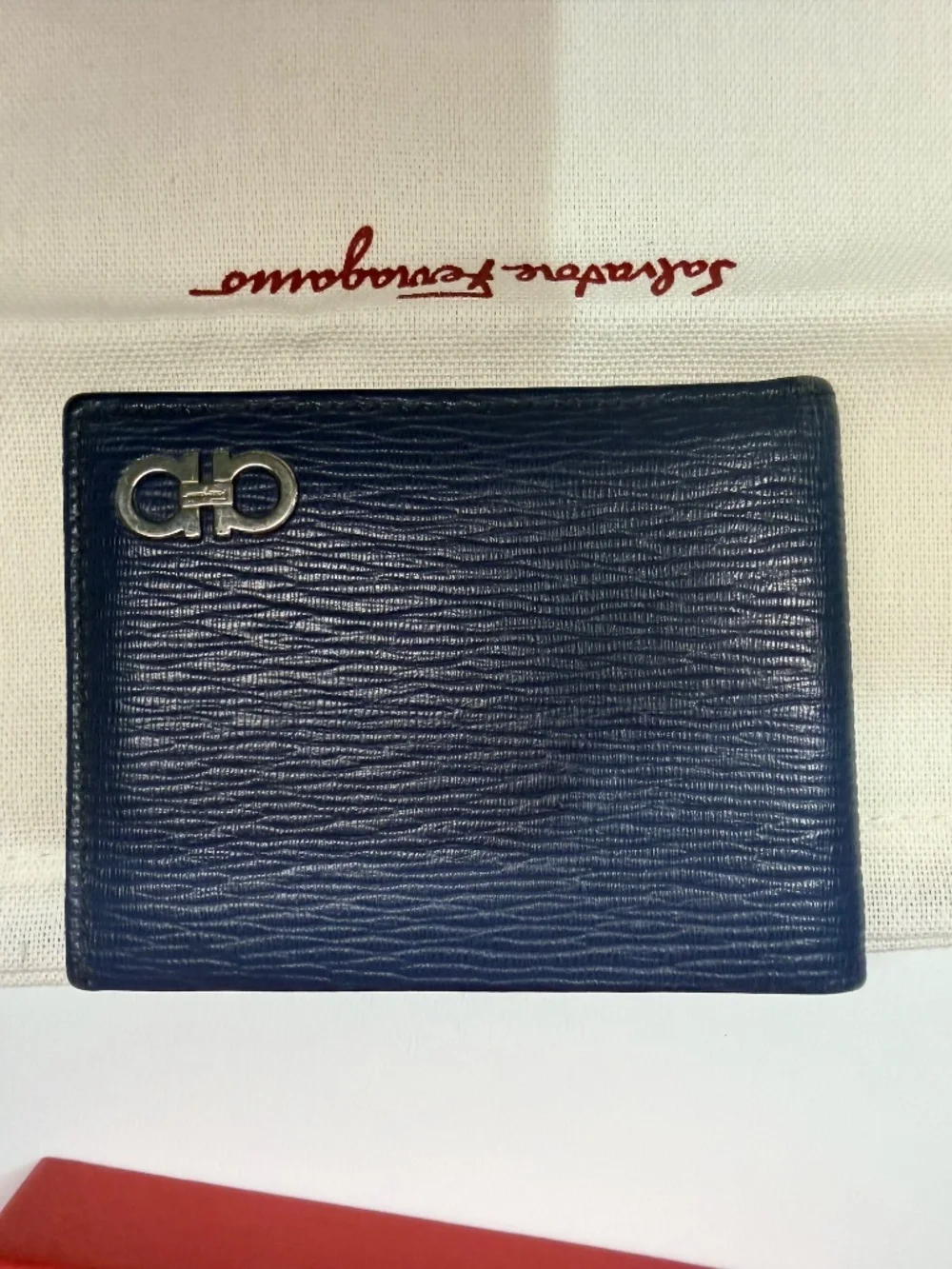 Salvatore Ferragamo Navy Leather Gancini Bifold Wallet with box